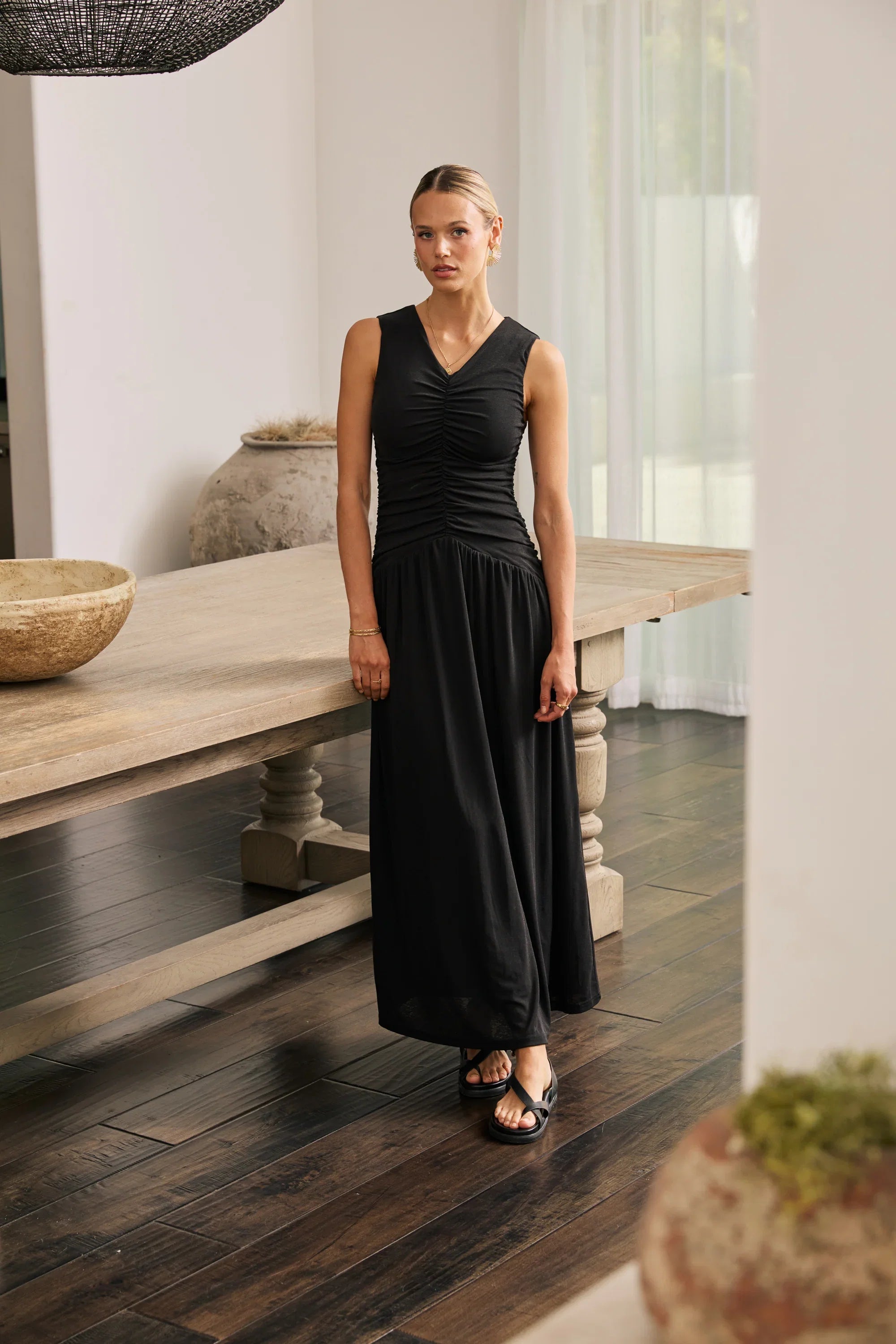 Kandi Ruched Maxi Dress in Black