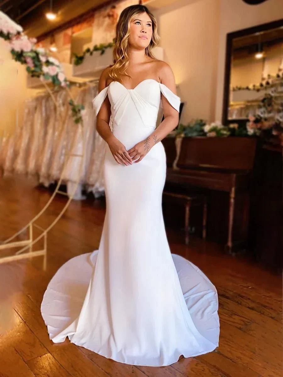 Simple White Mermaid Off the Shoulder Boho Wedding Dress