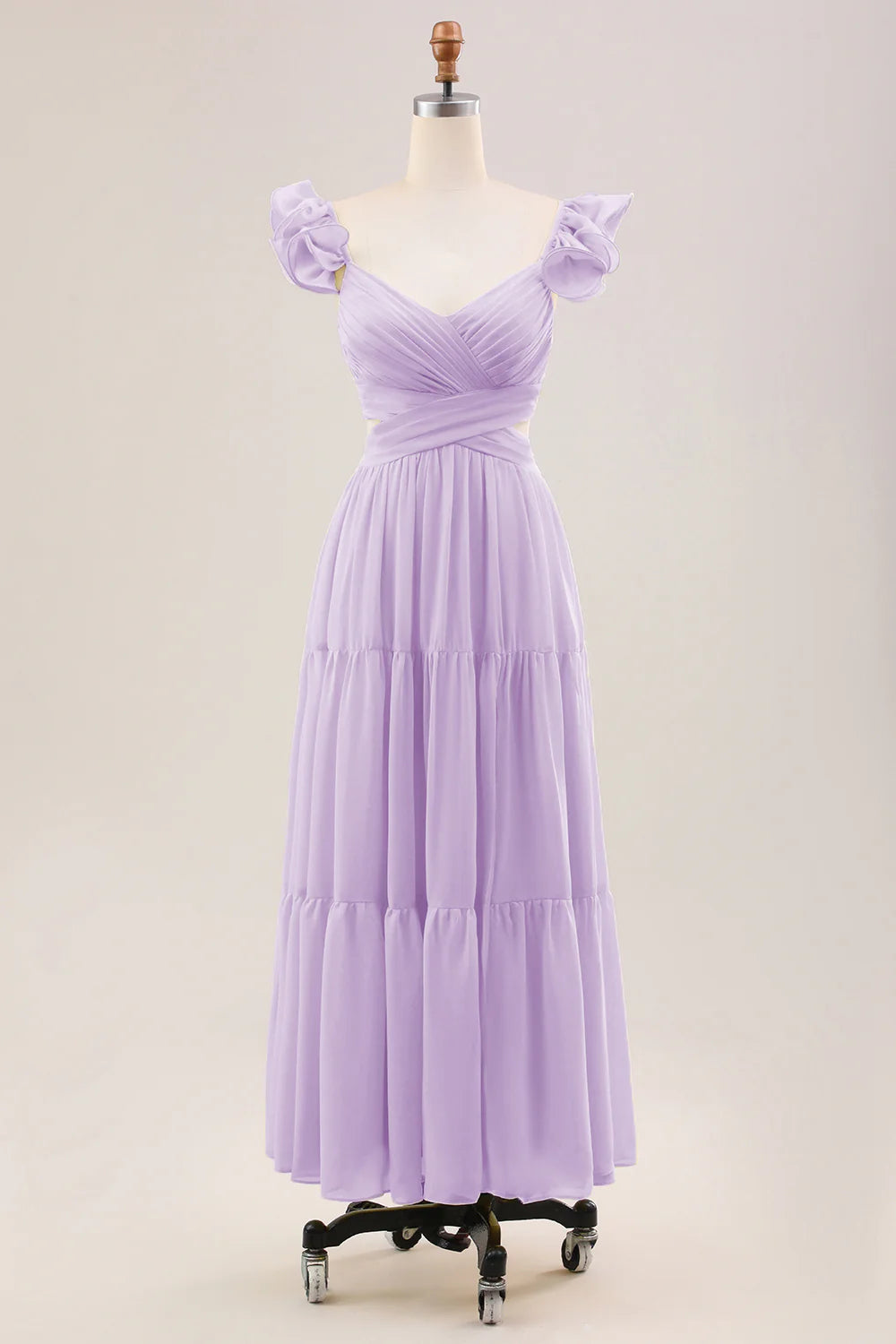 Simple Lemon Yellow A Line Pleated Chiffon Wedding Party Guest Dress with Ruffles