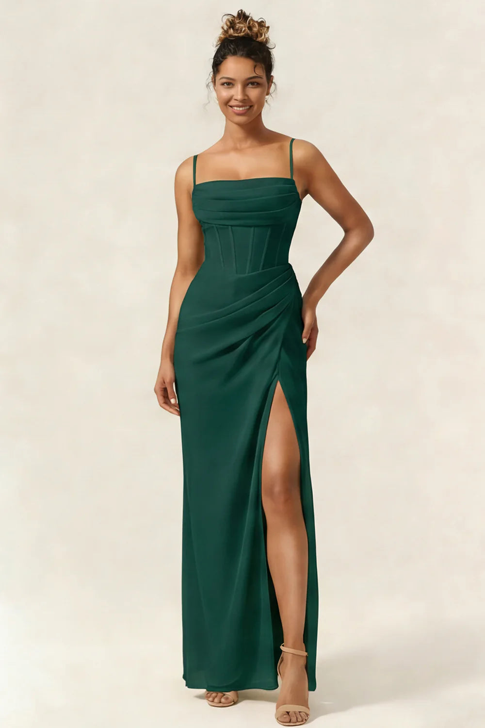 Green Flower Mermaid Corset Chiffon Long Bridesmaid Dress with Slit