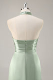Sage Green Sheath Satin Ruched Backless Long Bridesmaid Dress with Slit