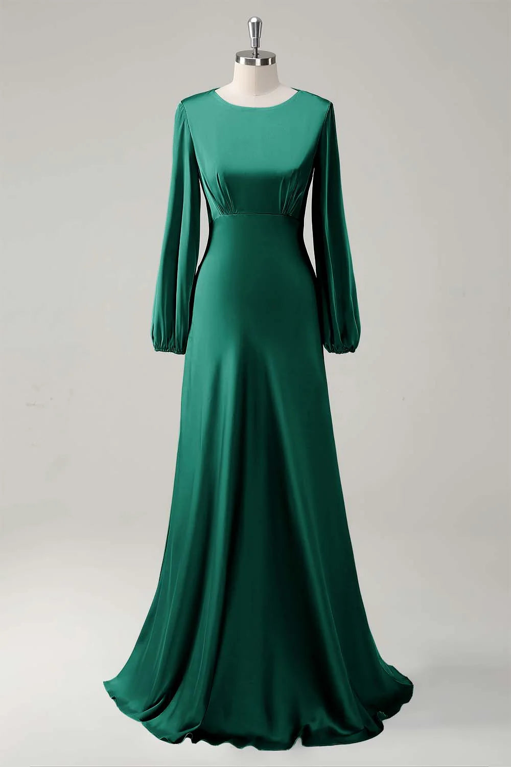 Agave A Line Round Neck Satin Long Bridesmaid Dress with Long Sleeves