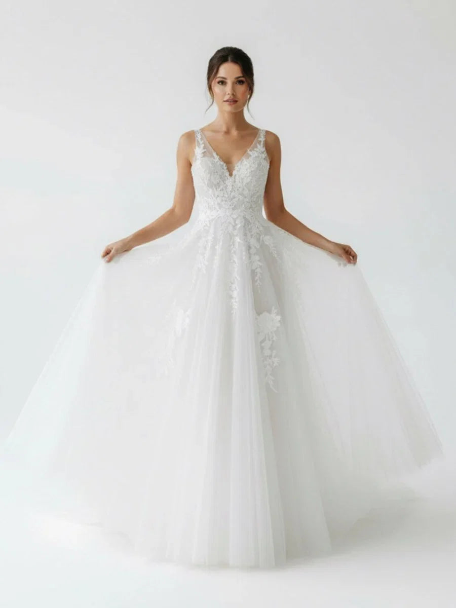 A Line V Back Long White Wedding Dress with Lace Appliqued