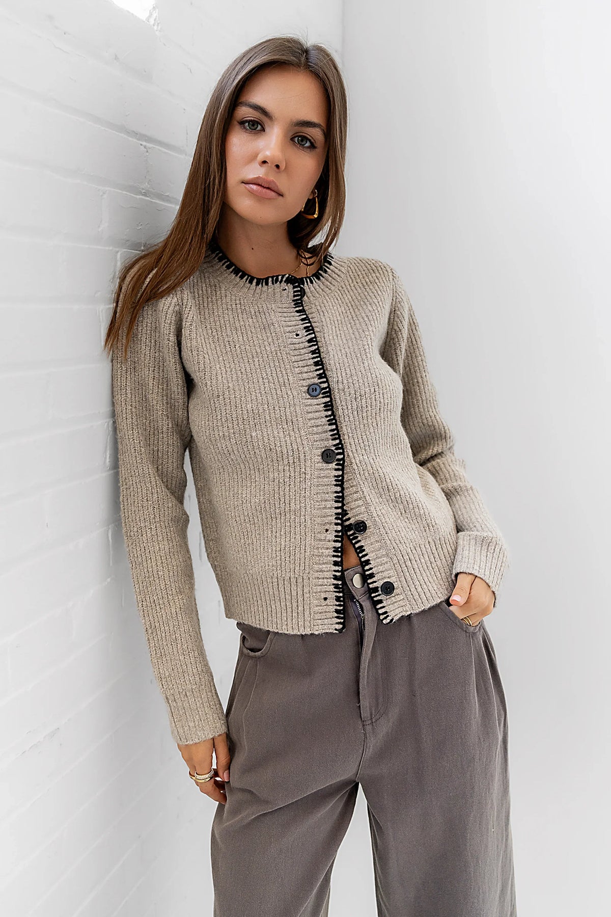 Darren Contrast Cardigan in Taupe