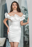 Modest Off Shoulder Meringue Ruffle Bodycon White Short Graduation Dress