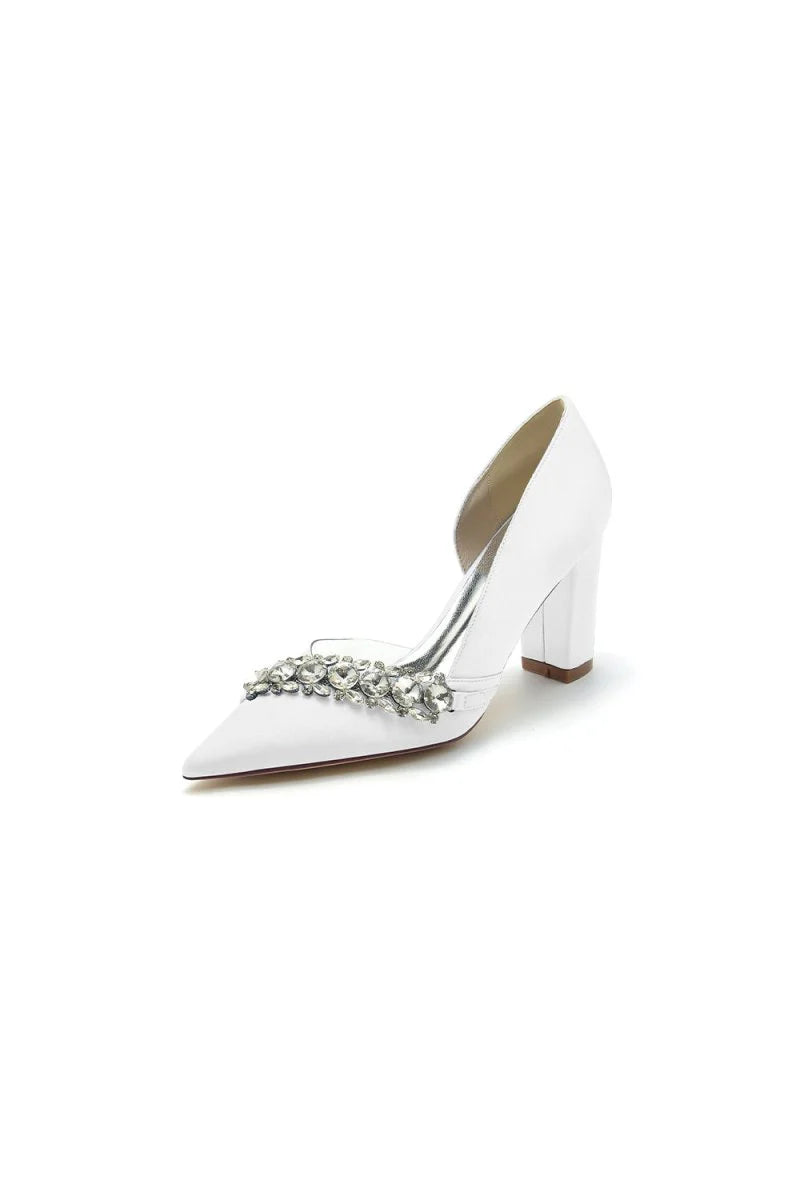 Chic Satin Pointed Toe Slip on Chunky Heels With Rhinestone