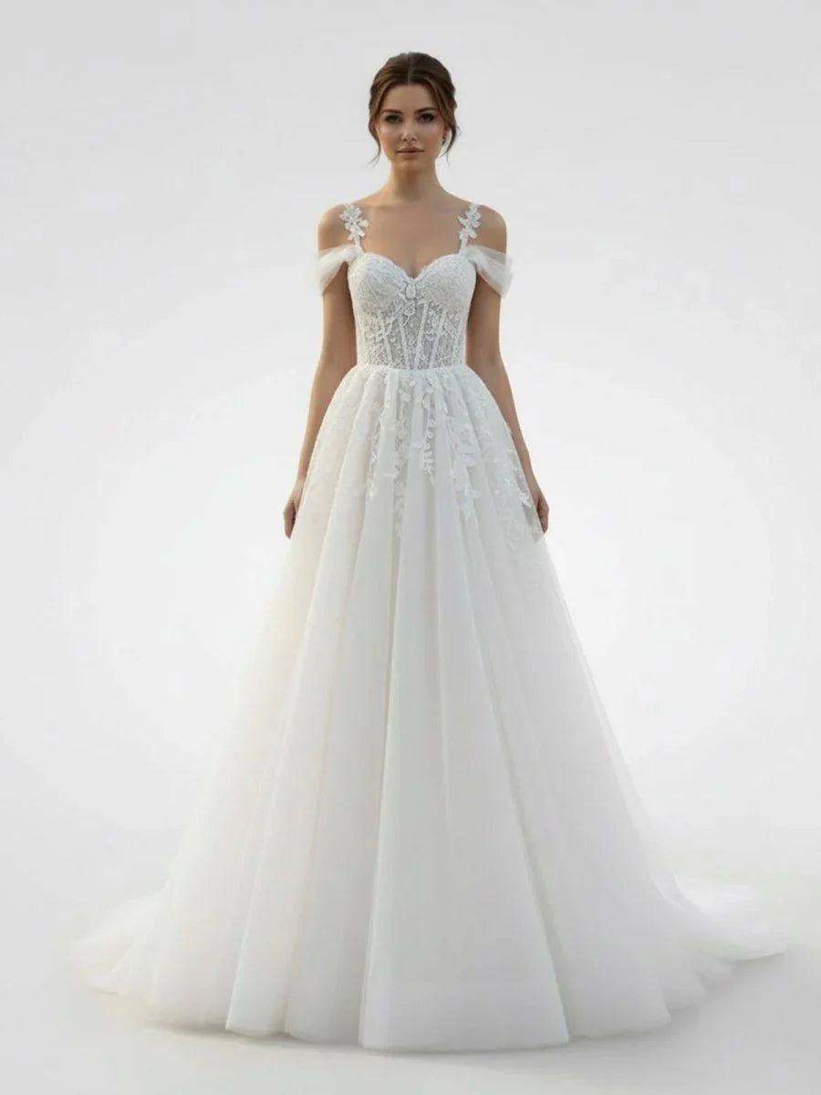 A Line Off The Shoulder Tulle Wedding Dresses With Appliques Lace