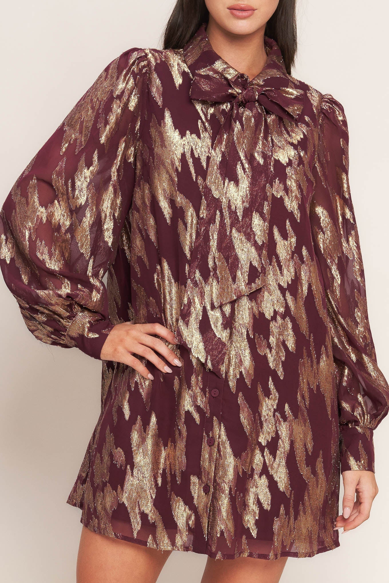 METALLIC MUSE BURGUNDY LONG SLEEVE MINI DRESS