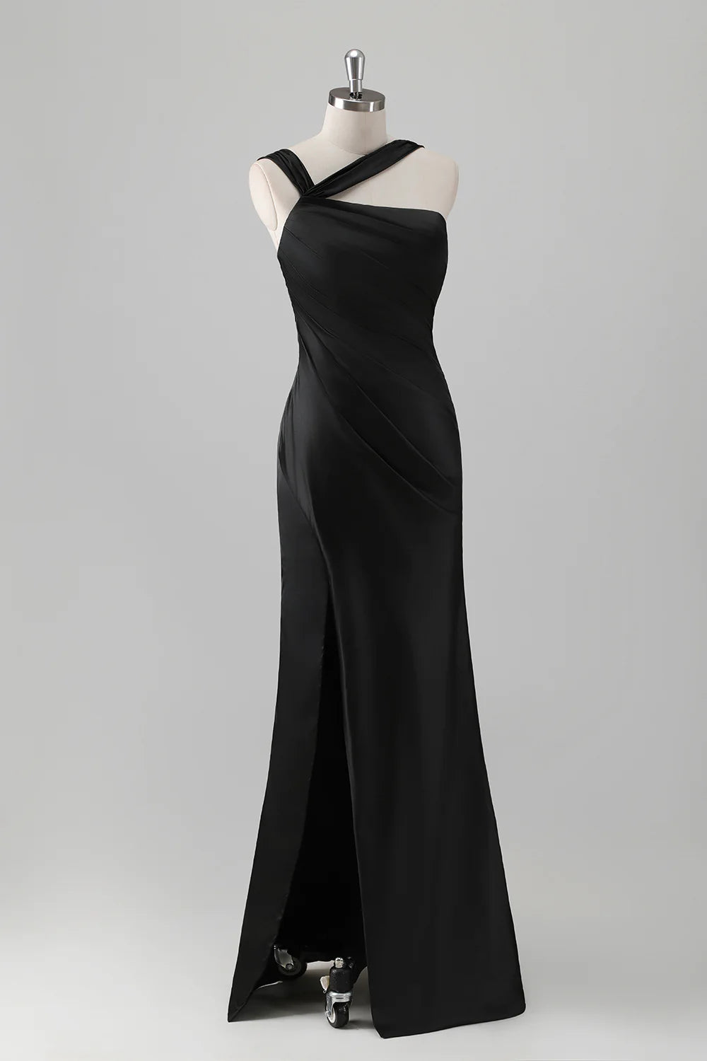 Black Mermaid Pleated Satin Floor Length Bridesmaid Dress with Slit