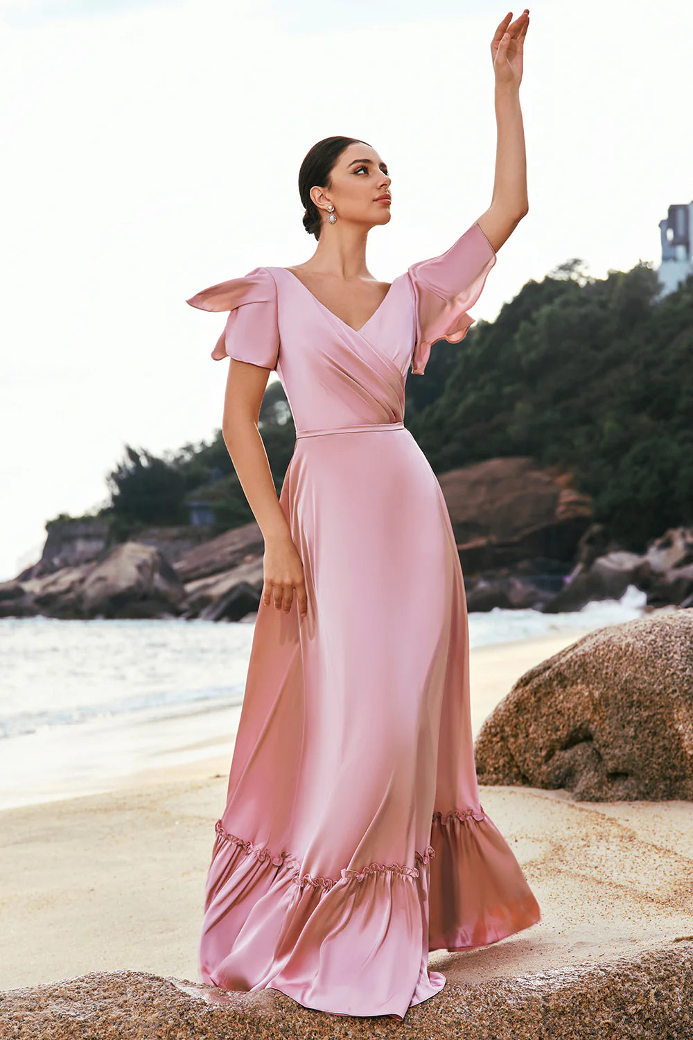Blush Pink A Line V Neck Ruffle Sleeves Long Satin Bridesmaid Dress