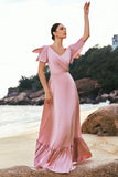Blush Pink A Line V Neck Ruffle Sleeves Long Satin Bridesmaid Dress