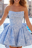Strapless A Line Jacquard Bow Blue Homecoming Dress with Lace Up Back