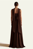 Coffee A Line Corset Satin Long Bridesmaid Dress with Streamer