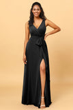 A Line V Neck Sleeveless Long Chiffon Bridesmaid Dress with Slit