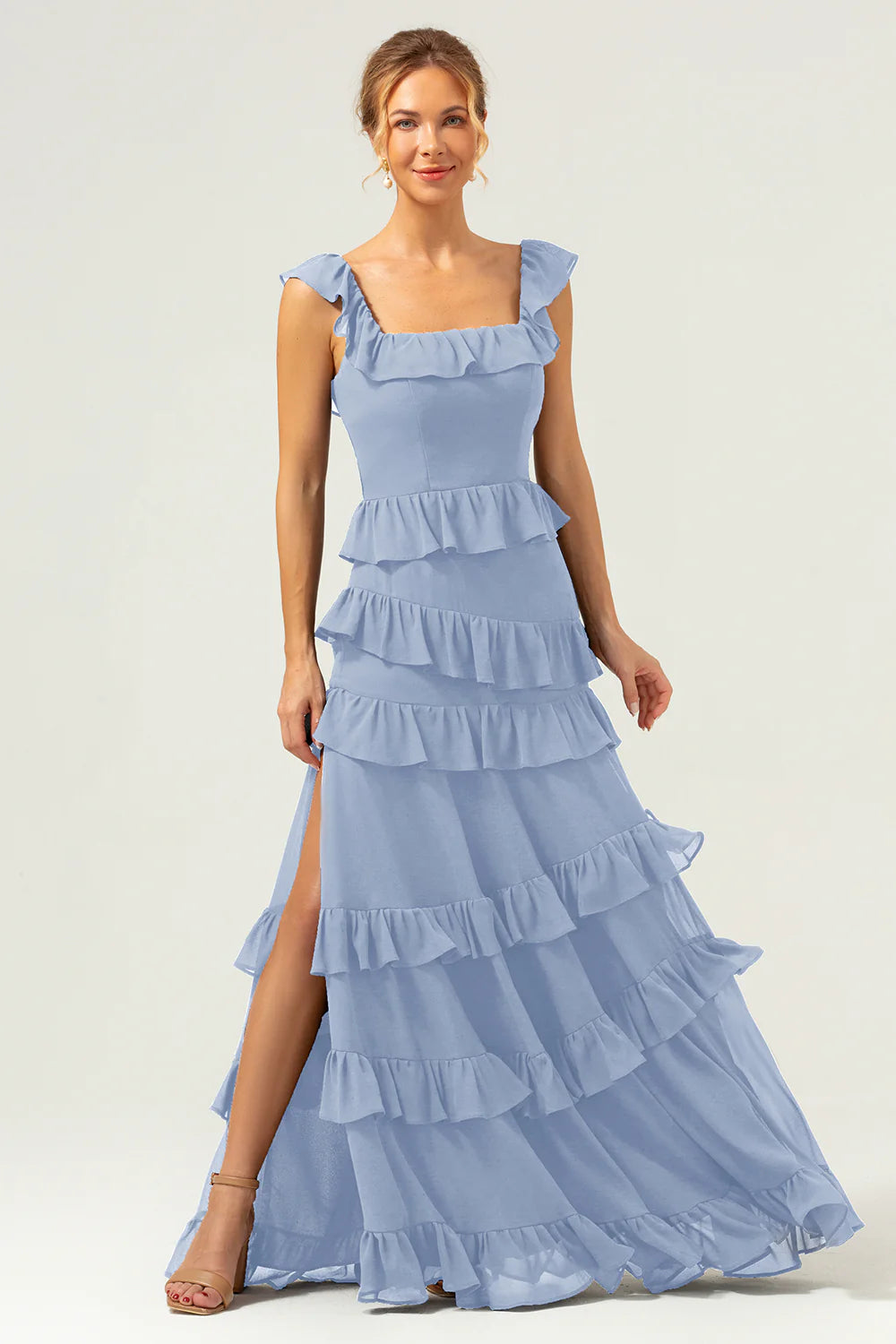 Dark Navy A Line Square Neck Tiered Long Bridesmaid Dress