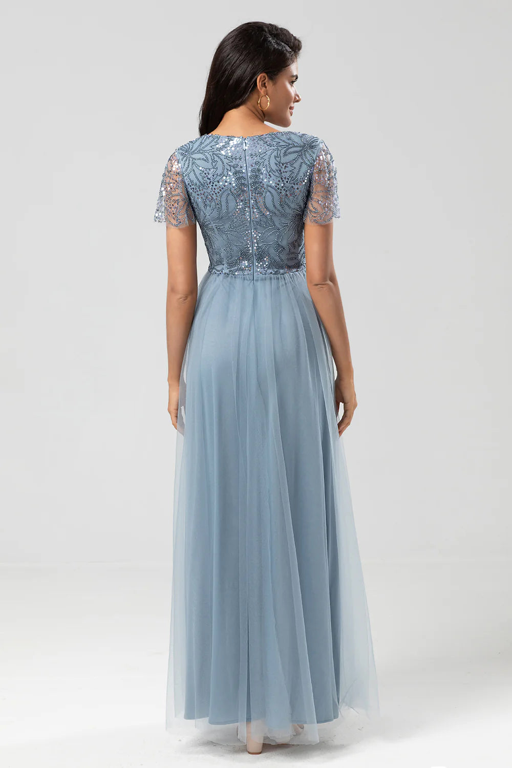 A Line V Neck Embroidered Tulle Dusty Pink Bridesmaid Dress with Beading