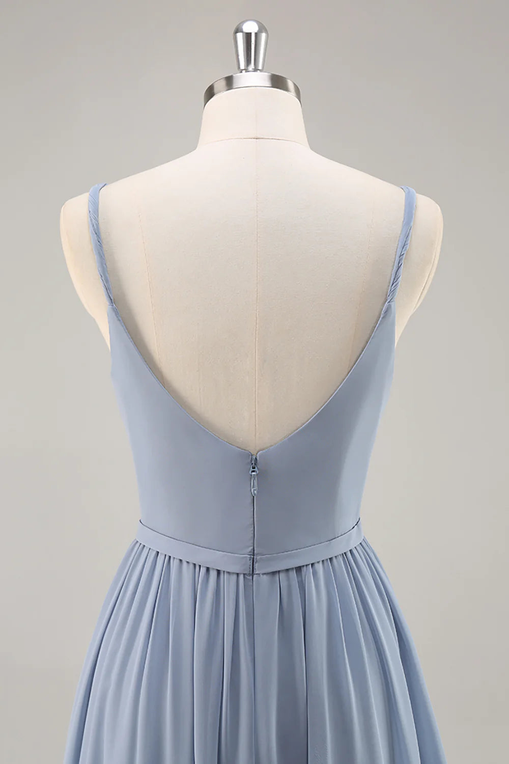 Dusty Blue A Line Spaghetti Straps Ruched Long Bridesmaid Dress with Slit