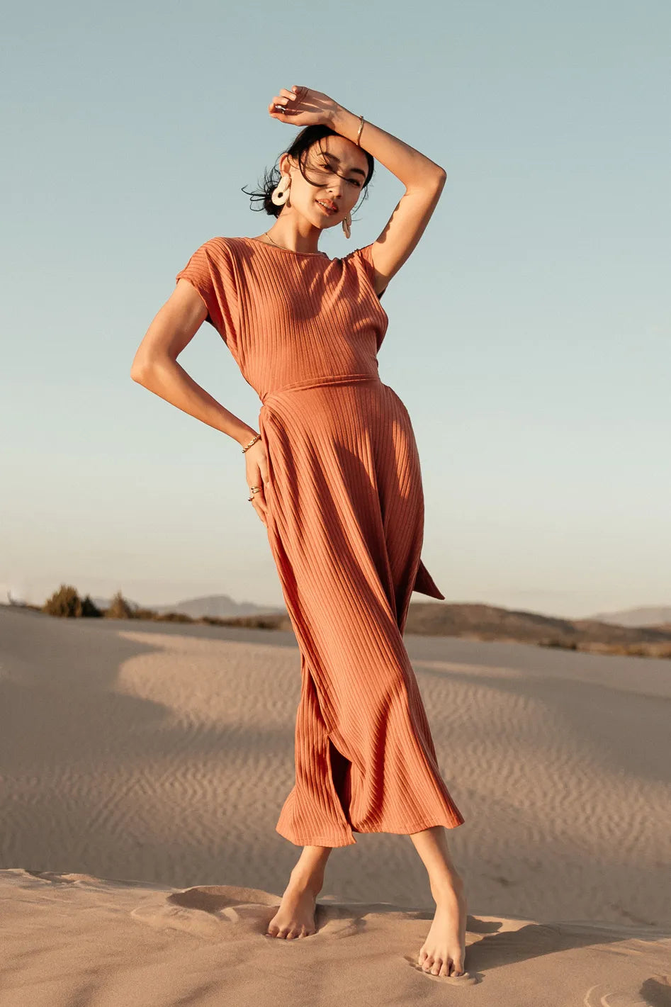 Vaeda Ribbed Tie Dress in Rust FINAL SALE