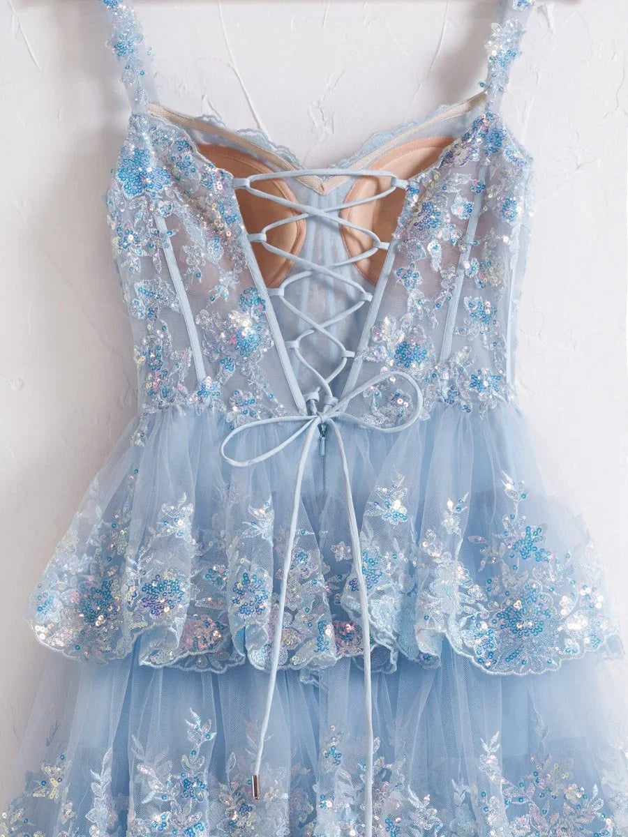 Blue Crystal Sequins Princess A Line Off the Shoulder Prom Dress with Lace Ruffles
