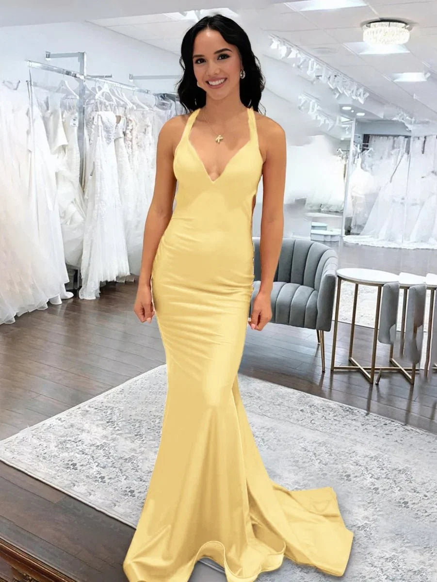 Angela Mermaid Pink V Neck Backless Satin Long Prom Dress