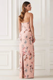 Blush Flower Sheath Strapless Print Satin Long Wedding Guest Dress with Back Slit