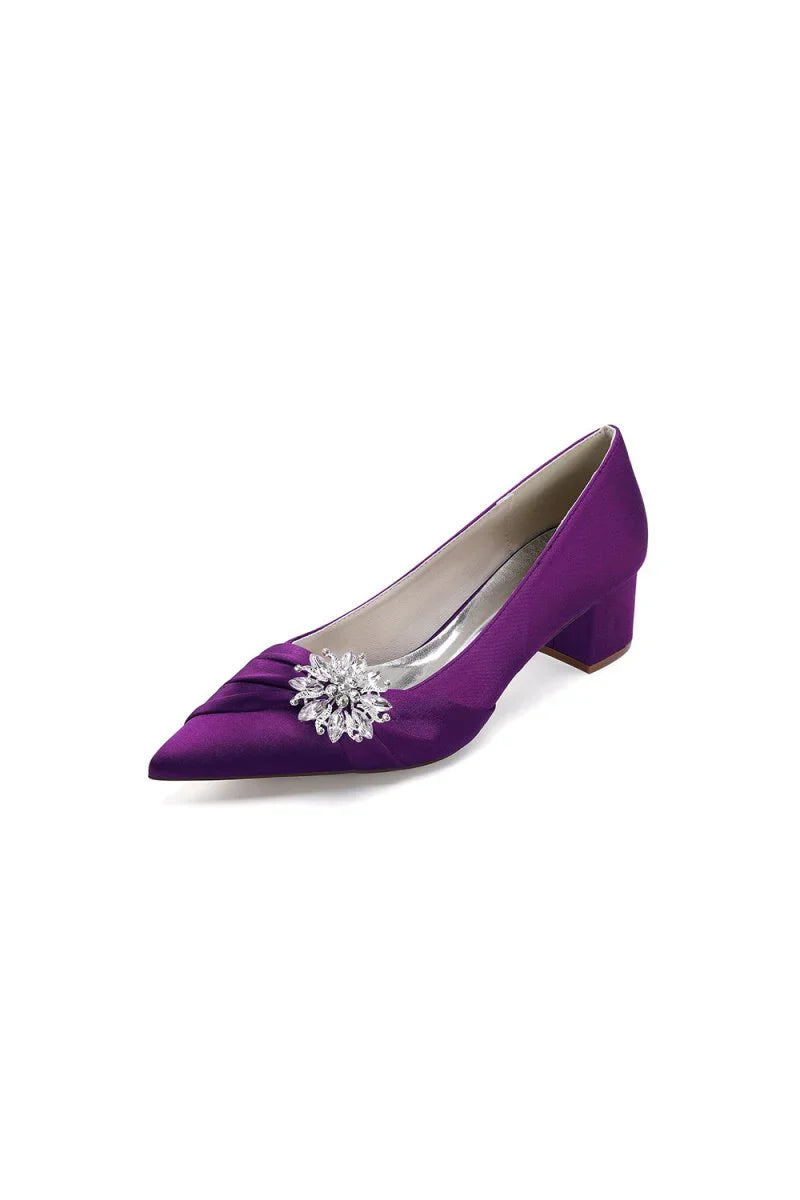 Satin Pointed Toe Slip on Party Shoes With Crystal