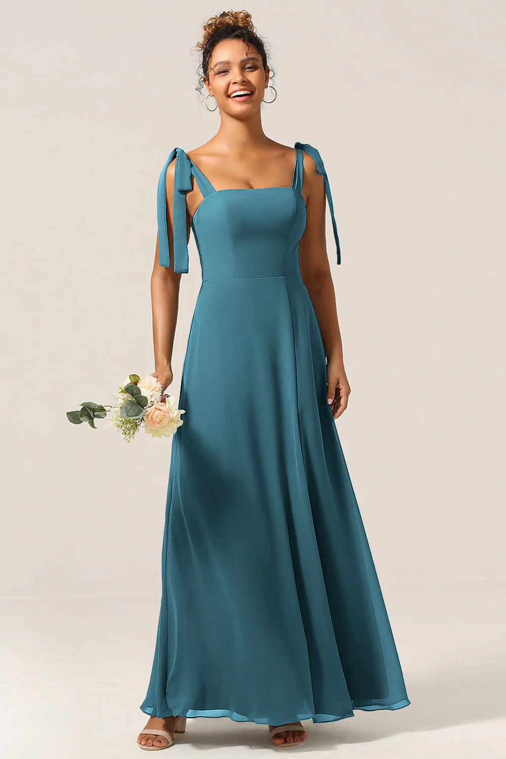 A Line Spaghetti Straps Floor Length Chiffon Bridesmaid Dress with Slit