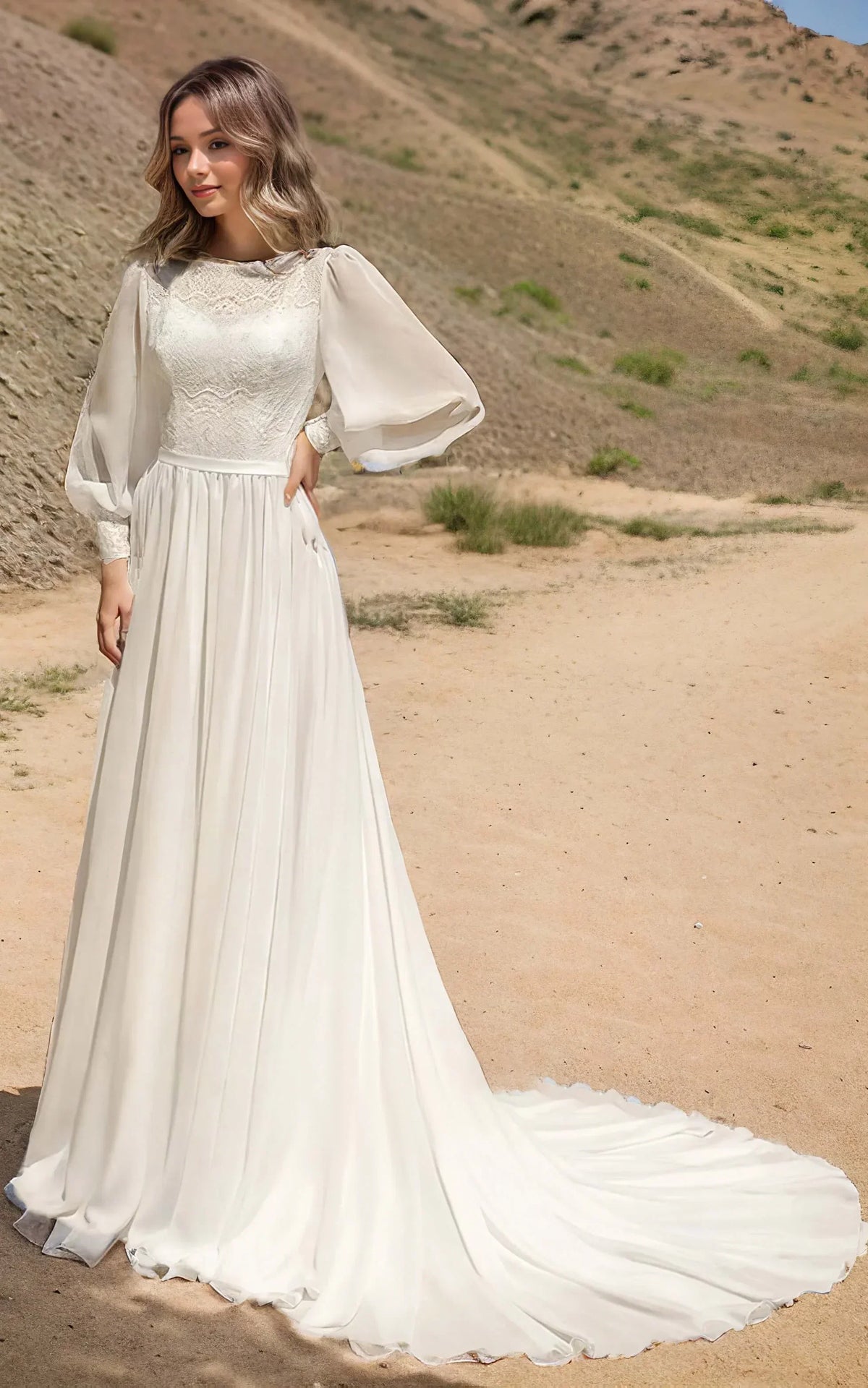 Modest Long Sleeve Casual Rustic A Line Bateau Neck Wedding Dress Gowns with Train