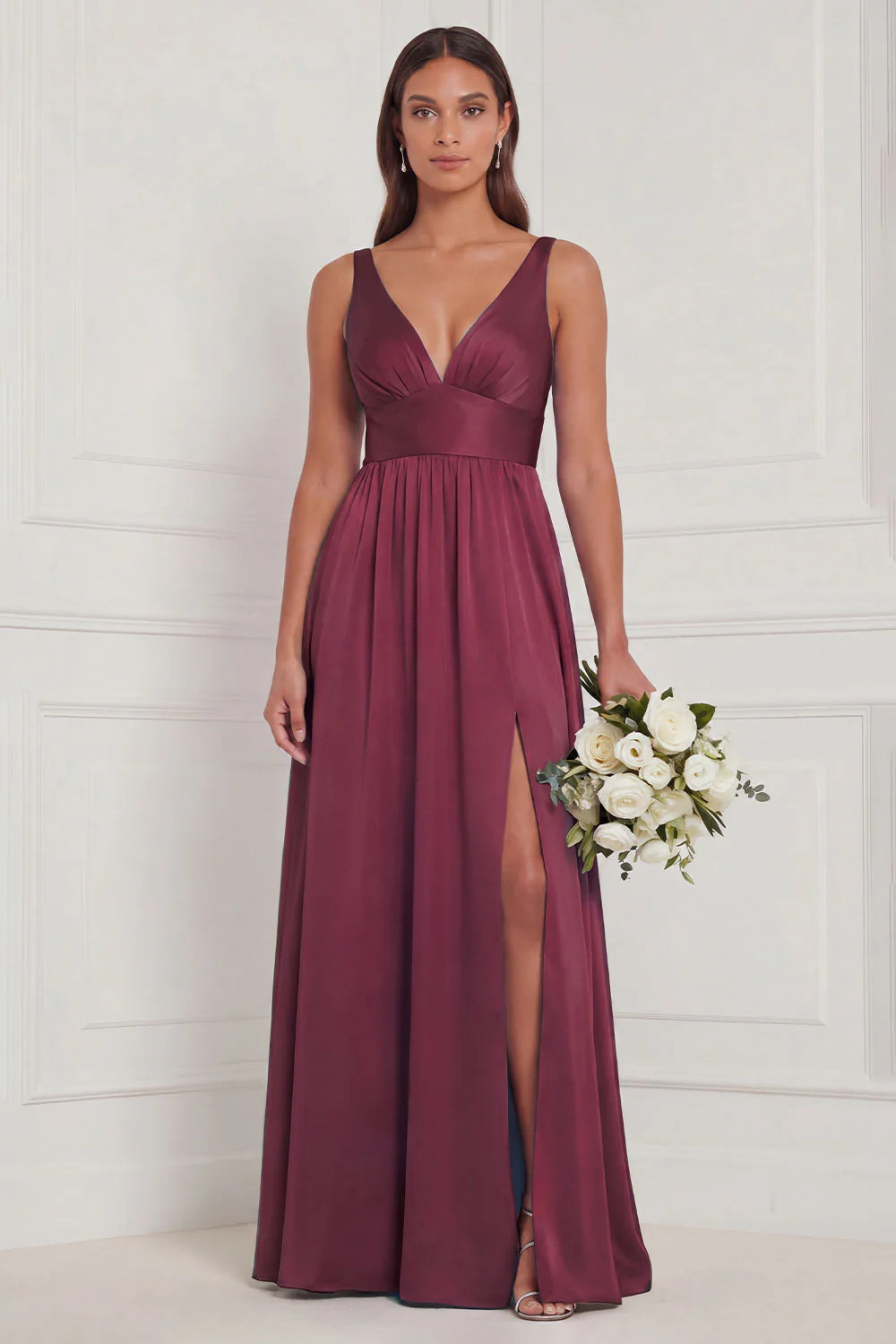 Dusty Blue A Line V Neck Bridesmaid Dress with Slit