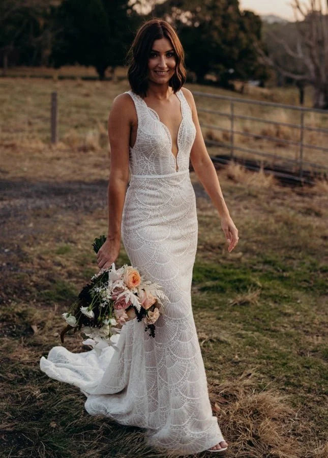 Bohemian Lace wedding Dresses Mermaid V Neck Backless Bridal Gowns
