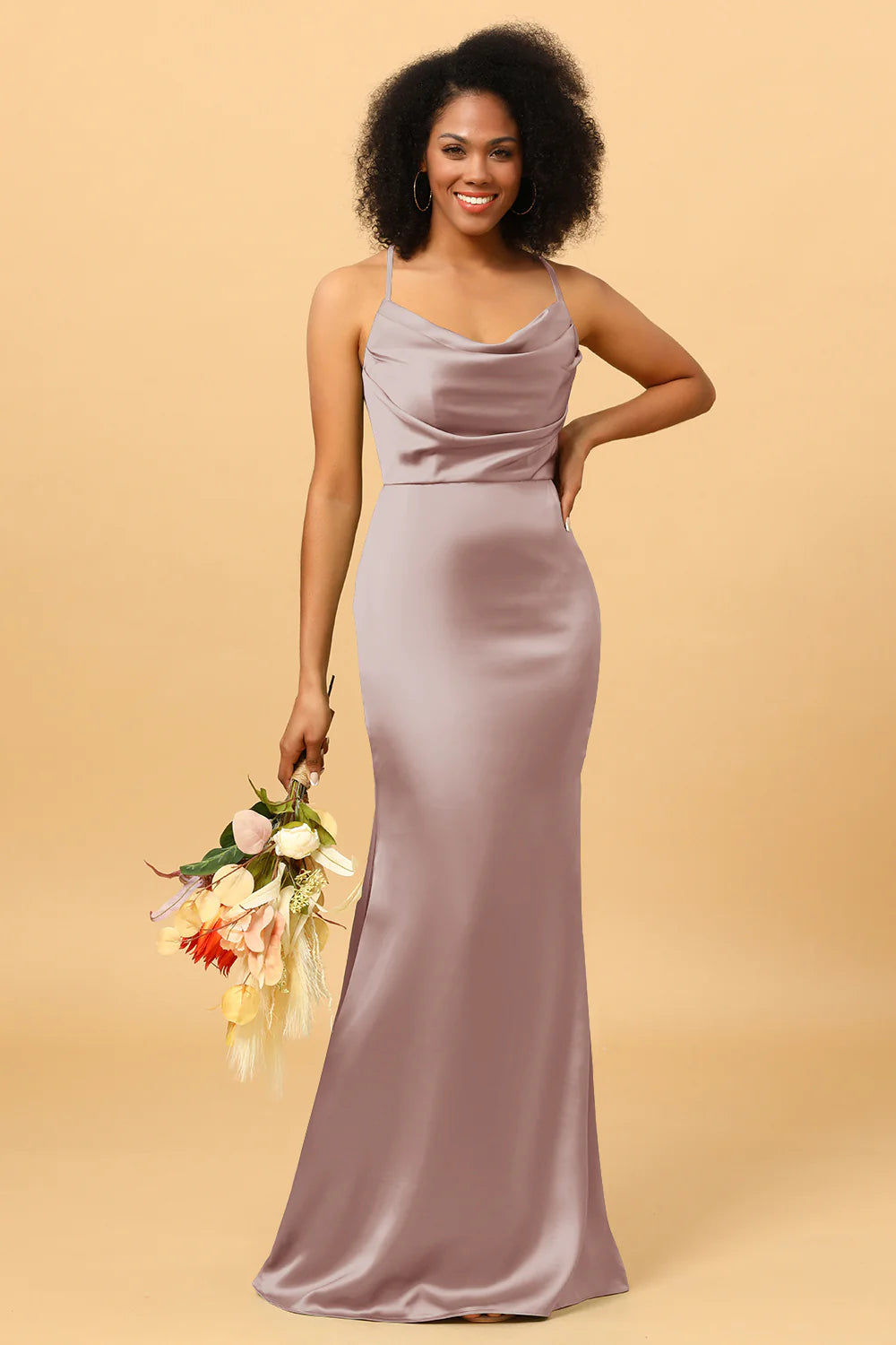Mermaid Cowl Neckline Spaghetti Straps Long Satin Bridesmaid Dress
