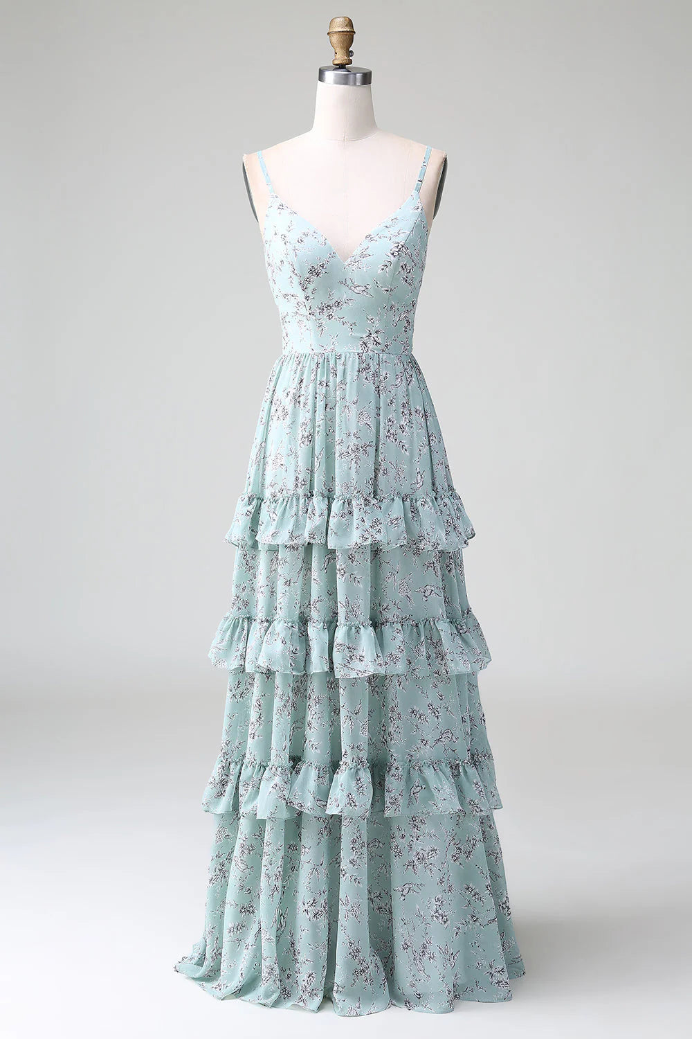 Grey Green A Line Spaghetti Straps Tiered Print Long Bridesmaid Dress With Ruffles