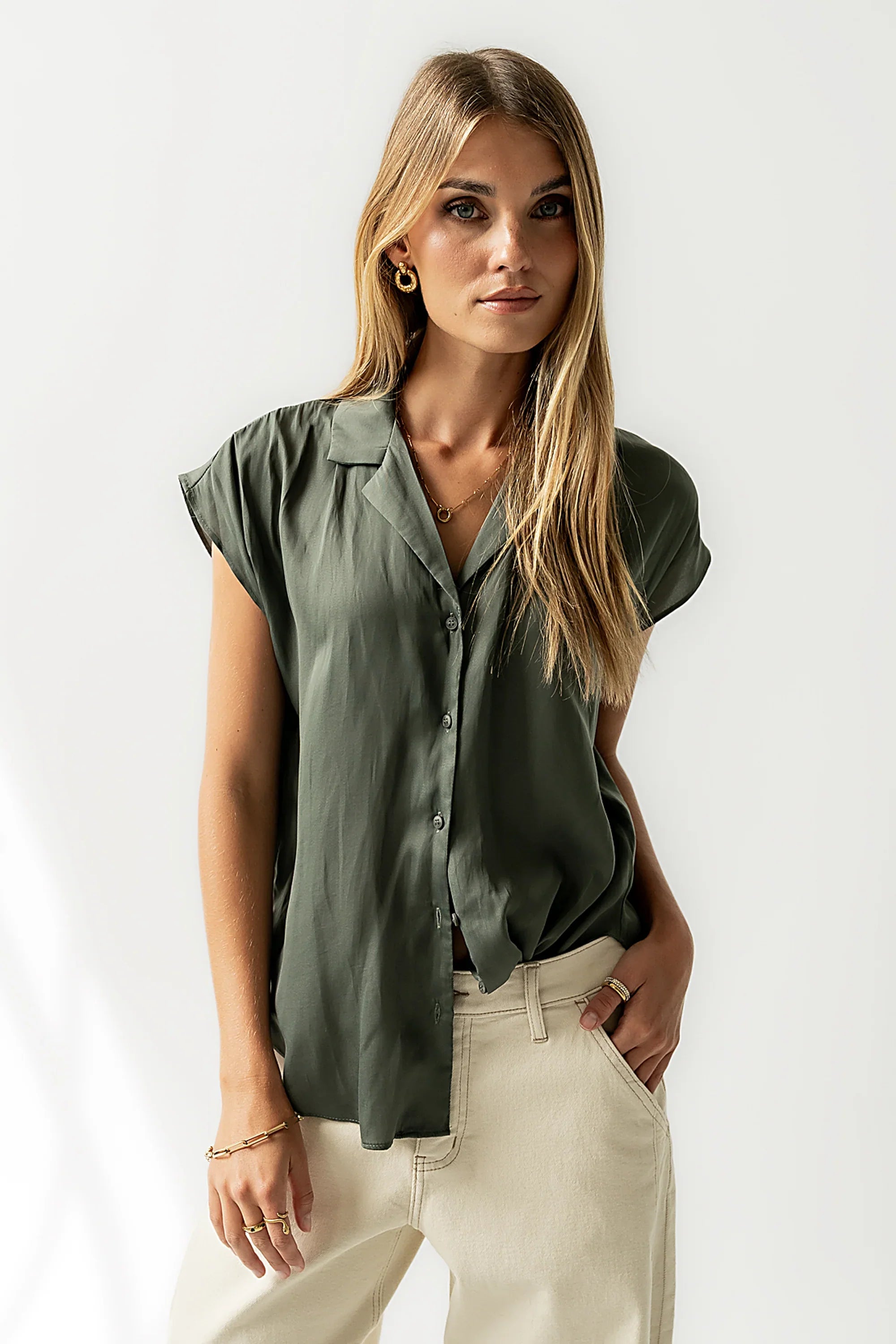 Poppy Collared Blouse in Green FINAL SALE