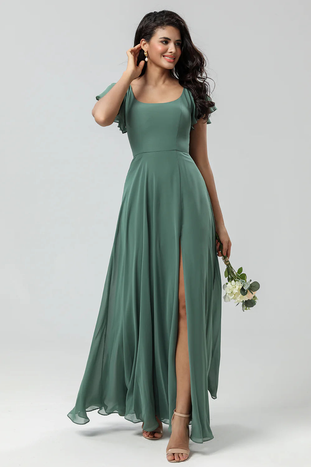 Eucalyptus A Line Square Neck Long Bridesmaid Dress with Slit