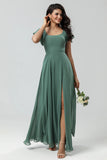 Eucalyptus A Line Square Neck Long Bridesmaid Dress with Slit