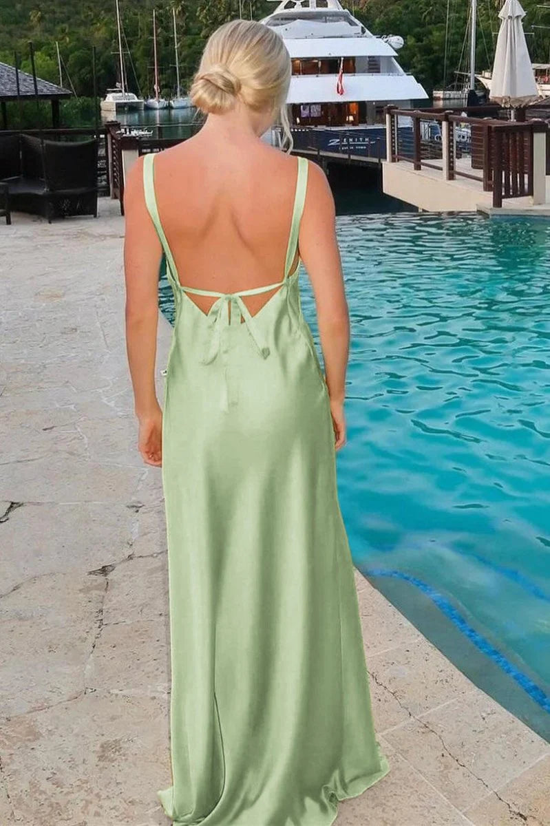 Sheath V Neck Tie Back Maxi Dress with Slit in Yellow