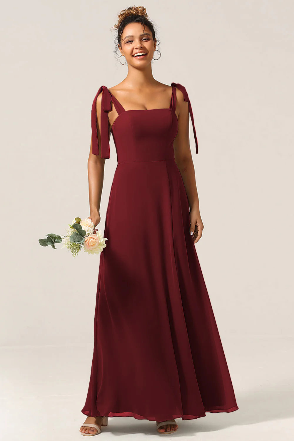 A Line Spaghetti Straps Floor Length Chiffon Bridesmaid Dress with Slit