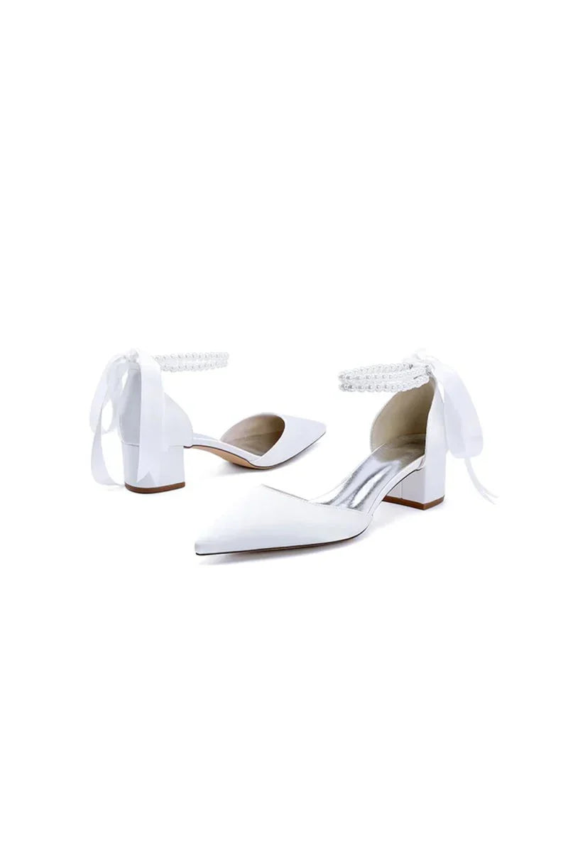 Pointed Toe Double Pearl Ankle Strap Party Shoes With Ribbon Tie