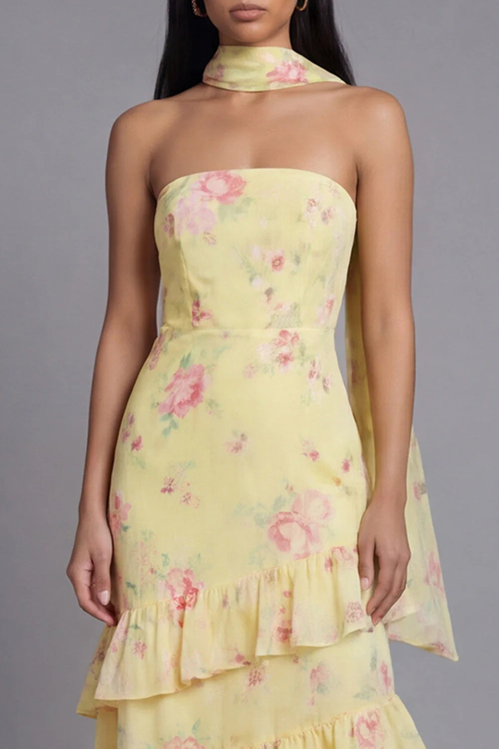 Pink Floral Ruffle Strapless Wedding Guest Dress with Sash
