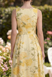 A Line Yellow V Neck Floral Wedding Guest Dress with Slit