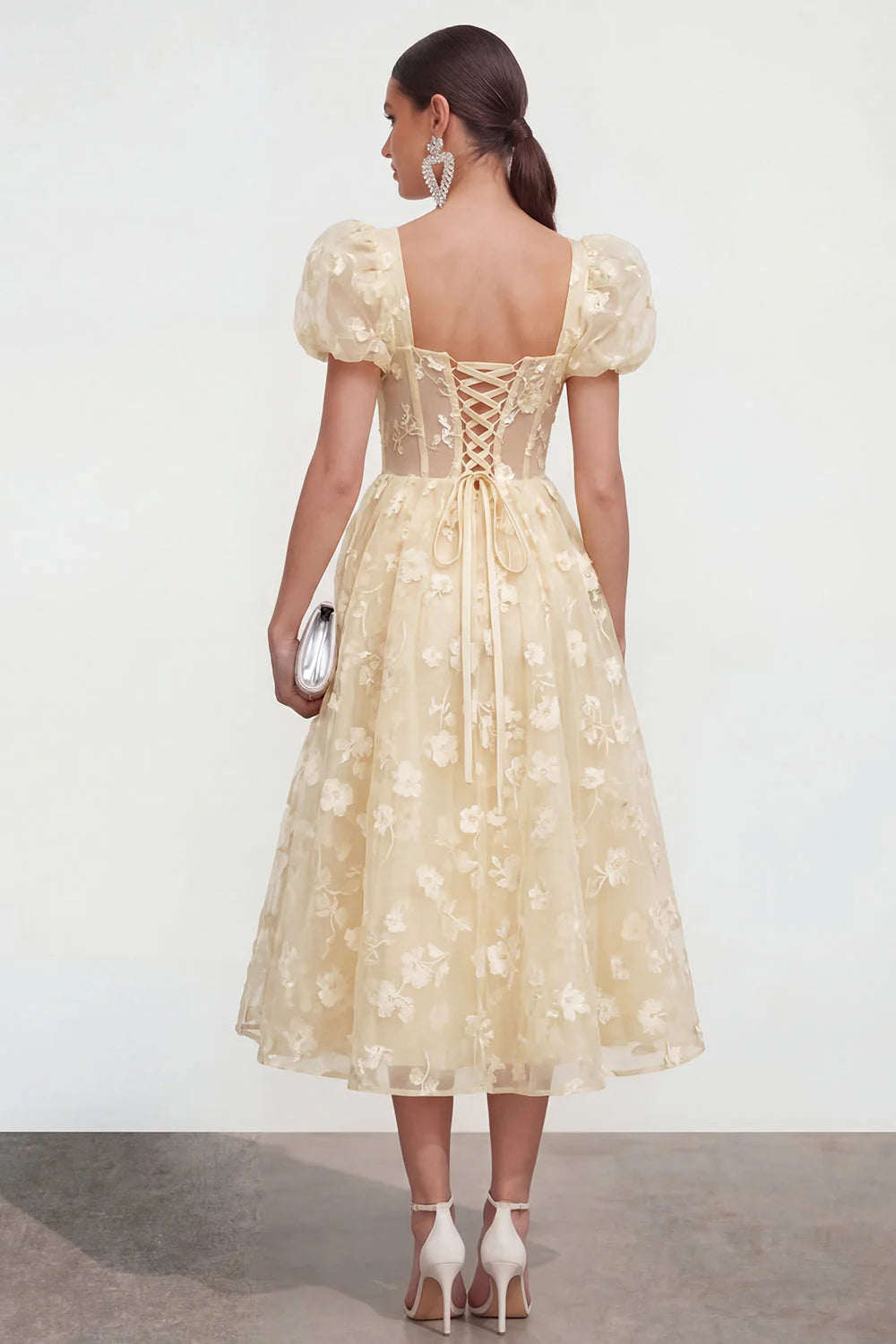 Floral Pink Puff Sleeve A Line Corset Wedding Guest Dress