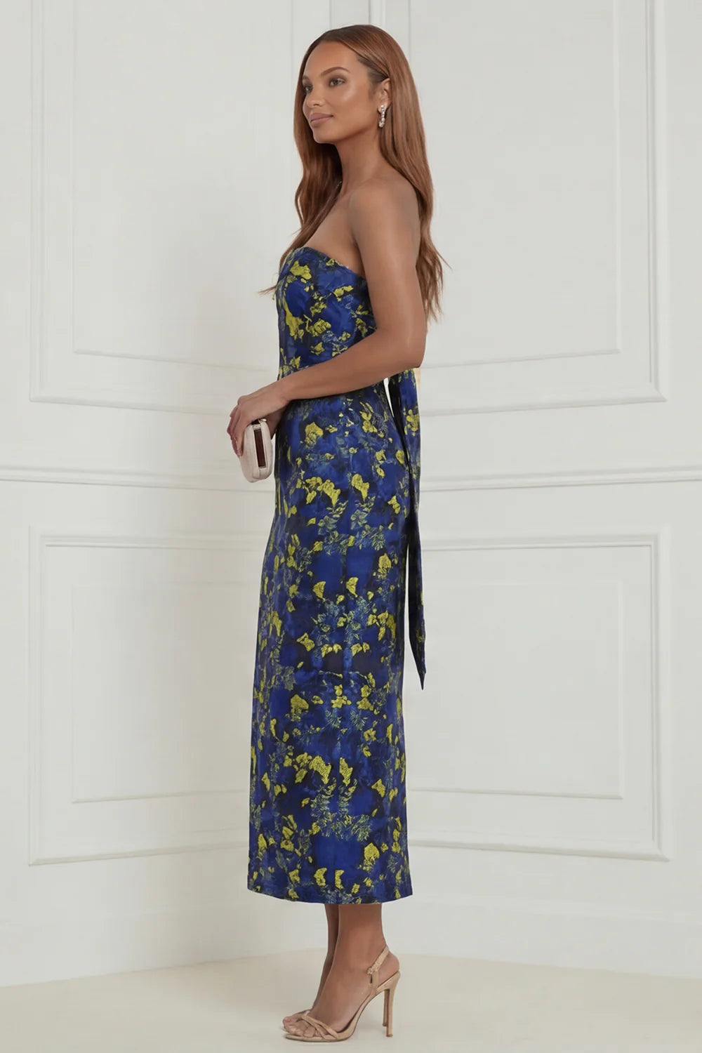 Strapless Fuchsia Sheath Floral Midi Wedding Guest Dress with Bow