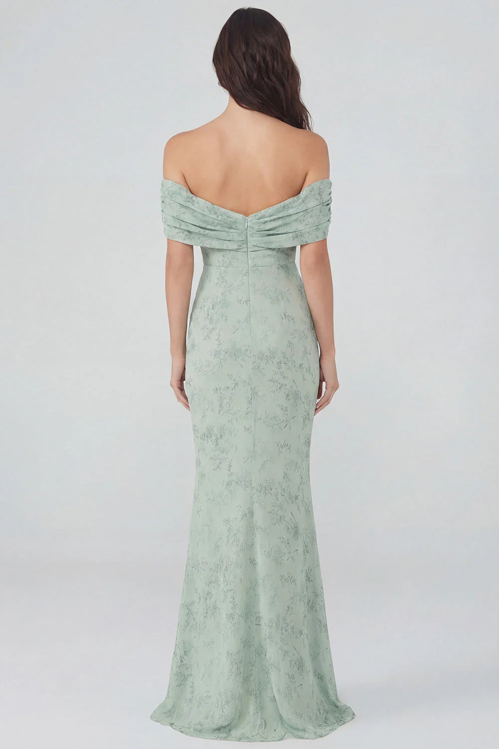 Dusty Sage Floral Mermaid Off the Shoulder Wedding Guest Dress
