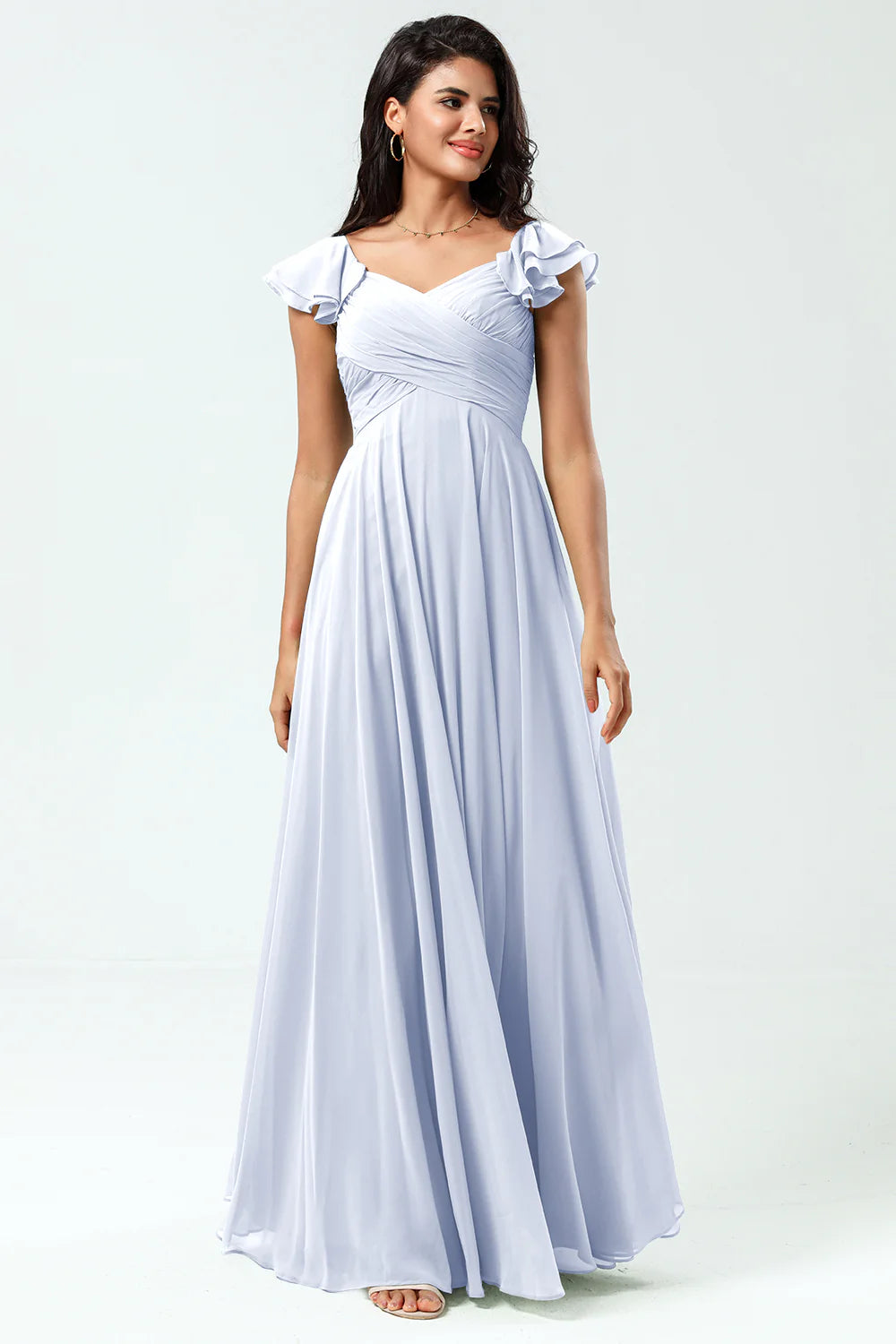 Lace Up Back Cross A Line Chiffon Bridesmaid Dress with Ruffles