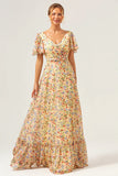 Yellow Flower Printed A Line Chiffon Long Bridesmaid Dress with Short Sleeves