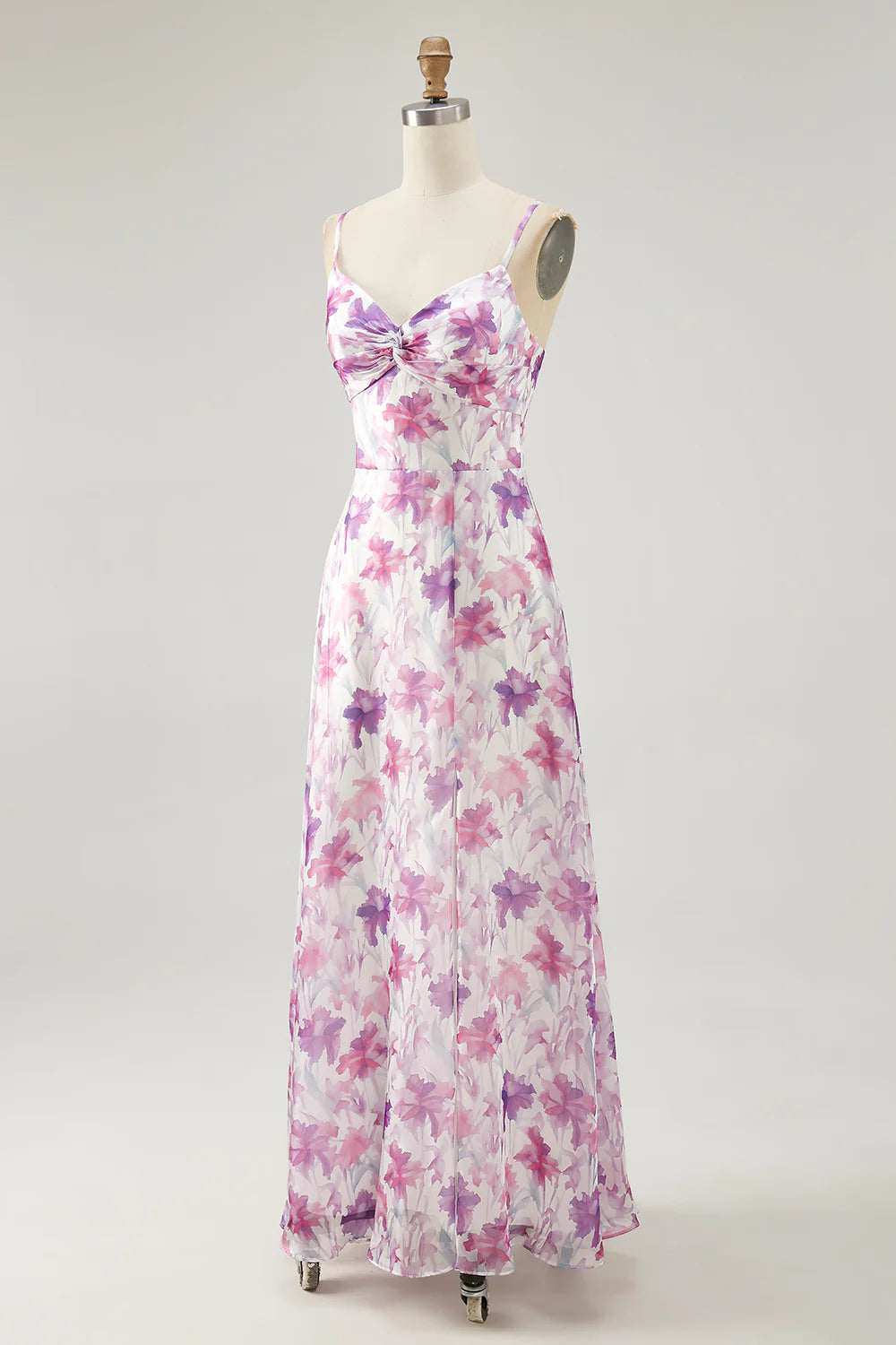 Purple Flower A Line Spaghetti Straps Front Knot Print Maxi Dress with Slit