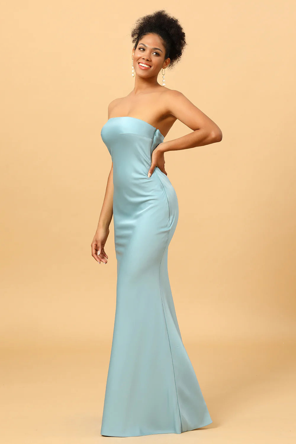 Sky Blue Mermaid Strapless Floor Length Satin Bridesmaid Dress with Open Back