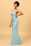 Sky Blue Mermaid Strapless Floor Length Satin Bridesmaid Dress with Open Back
