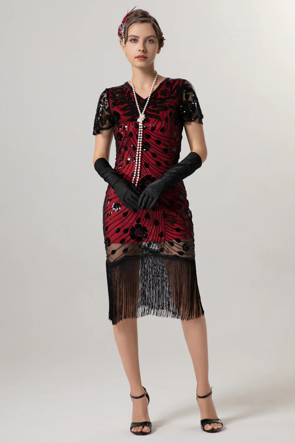 Black Sheath Fringed Midi V Neck 1920s Dress with Sequins