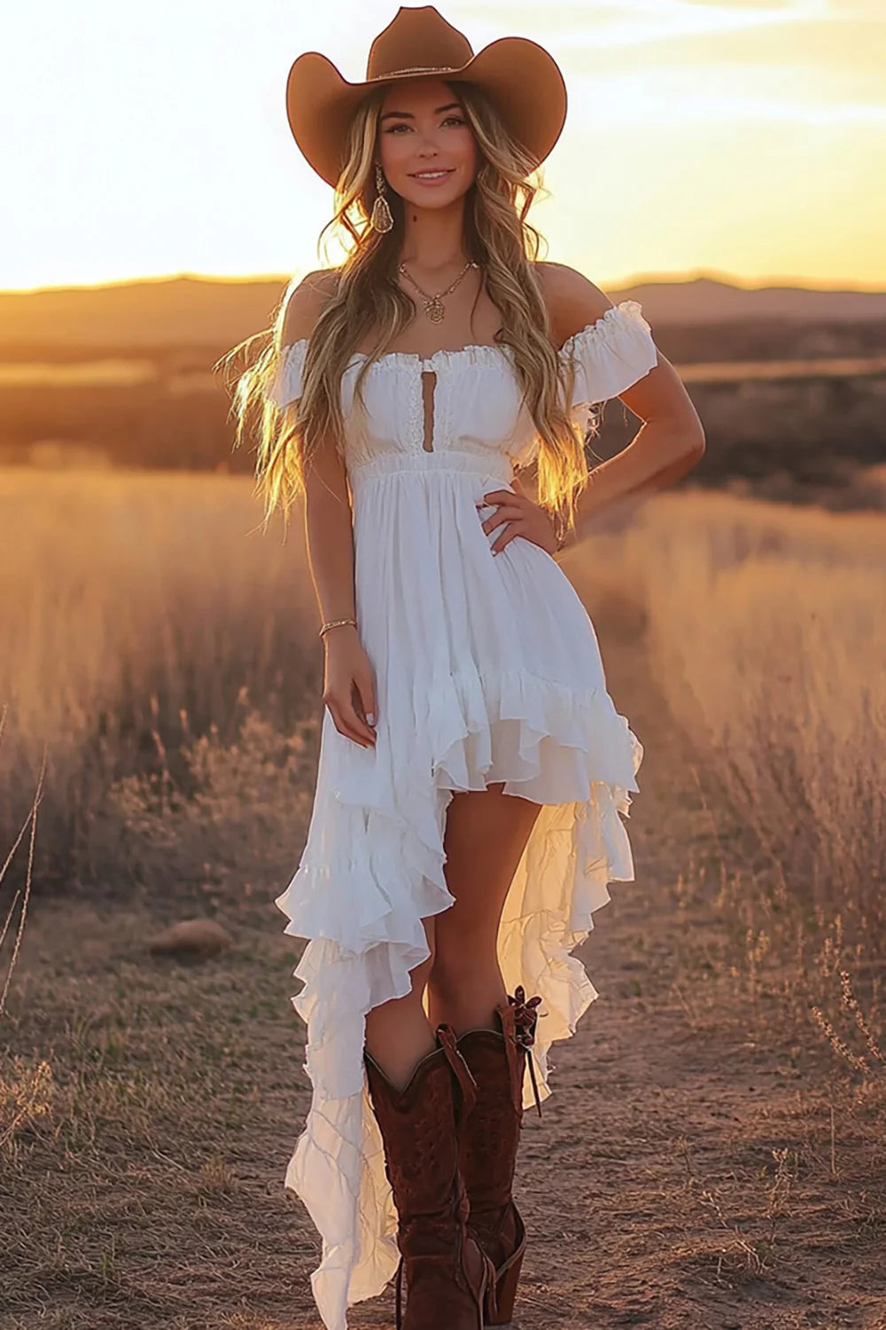 White A Line Off The Shoulder High Low Cut Out Wedding Dress with Ruffles